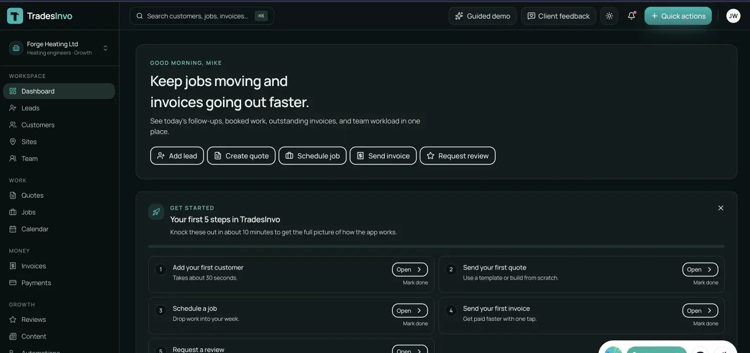 TradesInvo dashboard showing leads, jobs, invoices and quick actions
